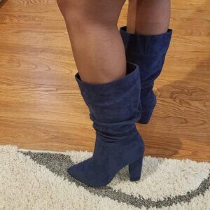 🆕Women's Navy Suede Mid Calf High Slouchy Chunky Heel Block Pointed Toe Boots